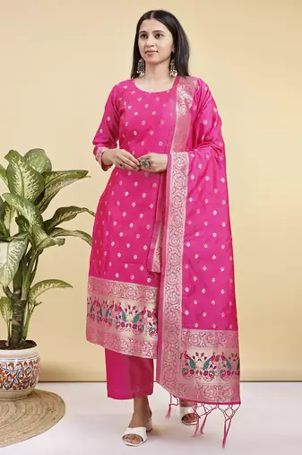 Readymade pink color pure banarasi silk top pent dupatta set