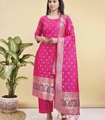 Readymade pink color pure banarasi silk top pent dupatta set