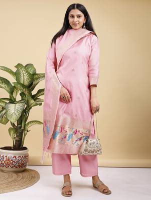 Readymade pink pure banarasi silk blend top pent dupatta set 3