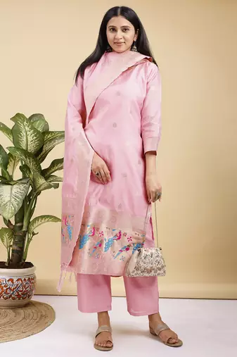 Readymade pink color pure banarasi silk blend top pent dupatta set