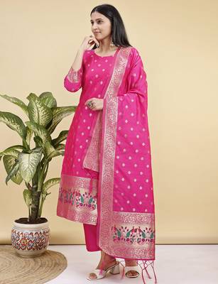 Readymade pink color pure banarasi silk blend top pent dupatta set 2