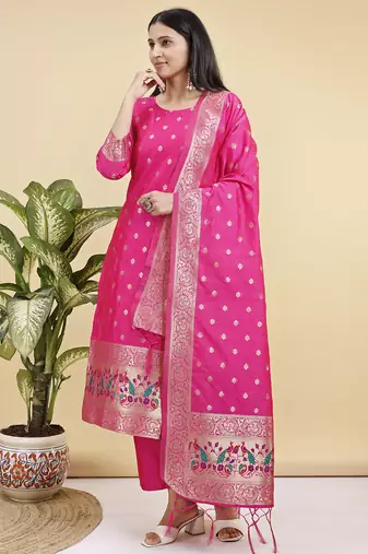 Readymade pink color pure banarasi silk blend top pent dupatta set