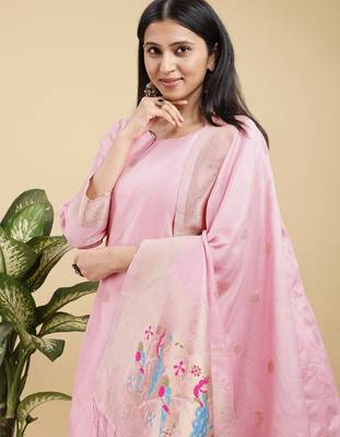 Readymade pink pure banarasi silk blend top pent dupatta set 4