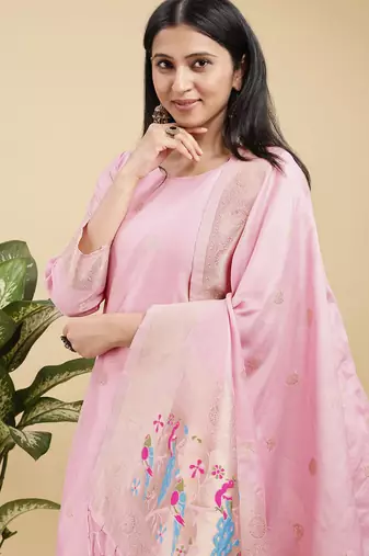 Readymade pink color pure banarasi silk blend top pent dupatta set