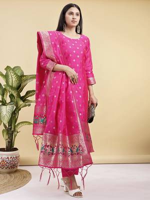 Readymade pink color pure banarasi silk blend top pent dupatta set 3