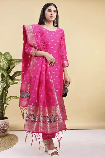 Readymade pink color pure banarasi silk blend top pent dupatta set