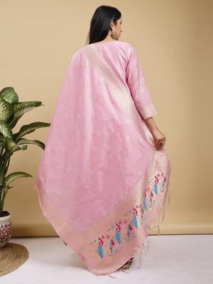 Readymade pink pure banarasi silk blend top pent dupatta set 5