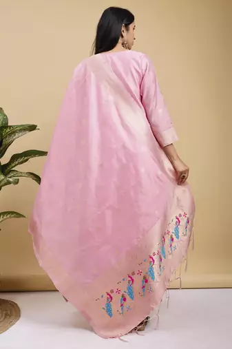 Readymade pink color pure banarasi silk blend top pent dupatta set