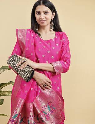 Readymade pink color pure banarasi silk blend top pent dupatta set 4