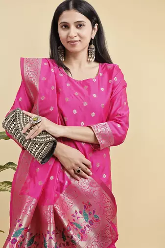 Readymade pink color pure banarasi silk blend top pent dupatta set