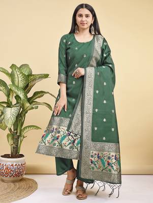 Readymade green color pure banarasi silk blend top pent dupatta set 1