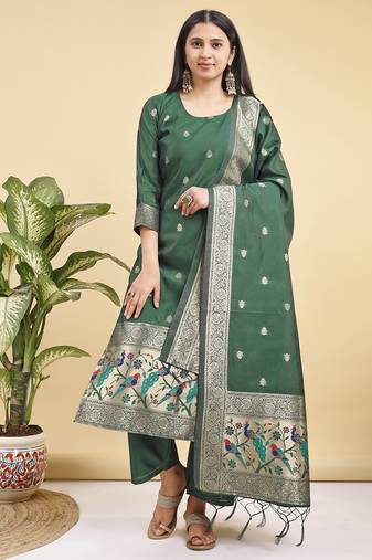 Readymade green color pure banarasi silk top pent dupatta set