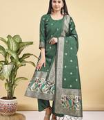 Readymade green color pure banarasi silk top pent dupatta set