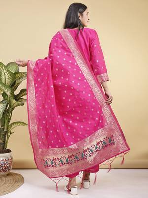 Readymade pink color pure banarasi silk blend top pent dupatta set 5