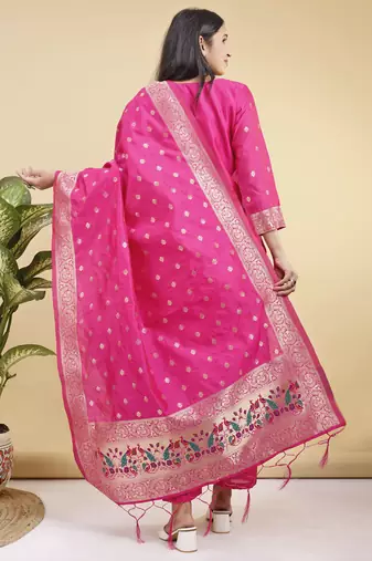 Readymade pink color pure banarasi silk blend top pent dupatta set