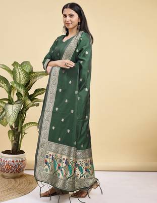 Readymade green color pure banarasi silk blend top pent dupatta set 2