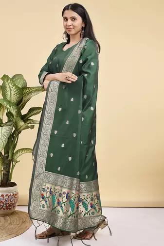 Readymade green color pure banarasi silk blend top pent dupatta set