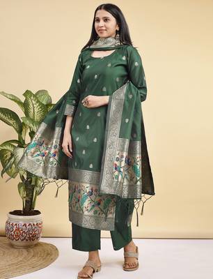 Readymade green color pure banarasi silk blend top pent dupatta set 3