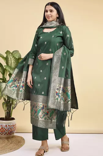 Readymade green color pure banarasi silk blend top pent dupatta set