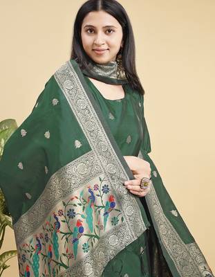 Readymade green color pure banarasi silk blend top pent dupatta set 4