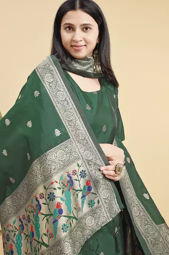Readymade green color pure banarasi silk blend top pent dupatta set