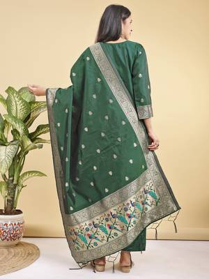 Readymade green color pure banarasi silk blend top pent dupatta set 5