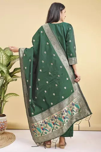 Readymade green color pure banarasi silk blend top pent dupatta set