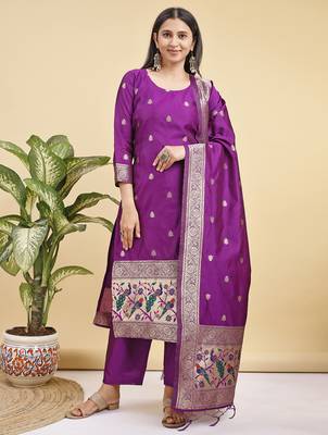 Readymade purple color pure banarasi silk blend top pent dupatta set 1