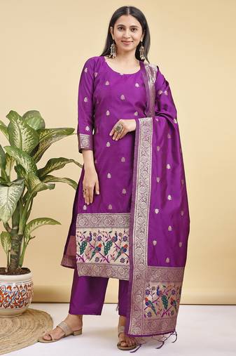 Readymade purple color pure banarasi silk top pent dupatta set
