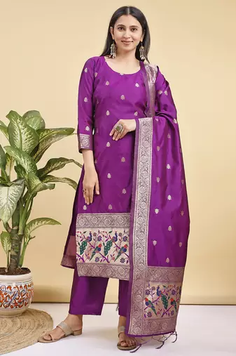 Readymade purple color pure banarasi silk top pent dupatta set