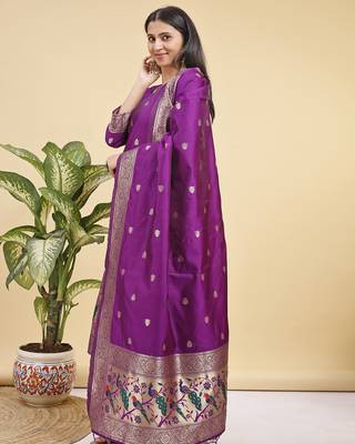 Readymade purple color pure banarasi silk blend top pent dupatta set 2