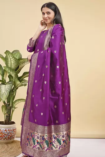 Readymade purple color pure banarasi silk blend top pent dupatta set
