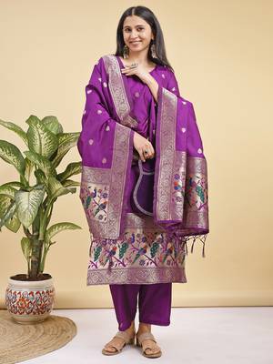 Readymade purple color pure banarasi silk blend top pent dupatta set 3