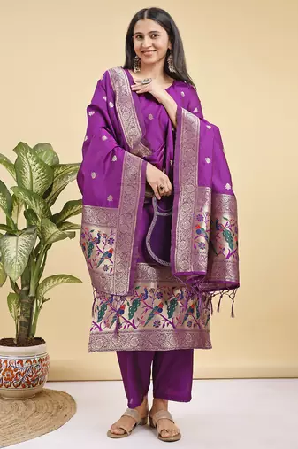 Readymade purple color pure banarasi silk blend top pent dupatta set