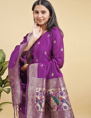 Readymade purple color pure banarasi silk blend top pent dupatta set 4