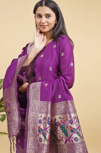 Readymade purple color pure banarasi silk blend top pent dupatta set