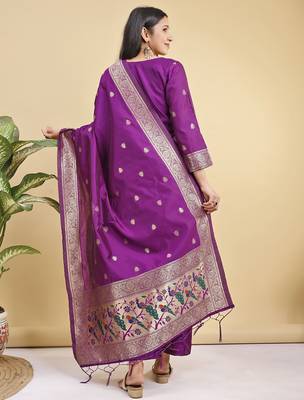 Readymade purple color pure banarasi silk blend top pent dupatta set 5