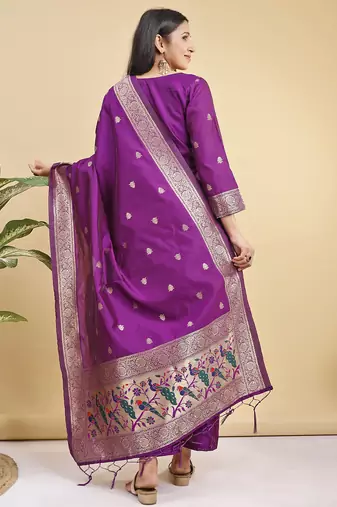 Readymade purple color pure banarasi silk blend top pent dupatta set