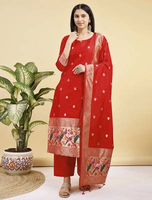 Readymade red color pure banarasi silk blend top pent dupatta set 1