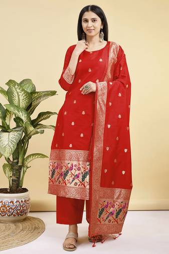 Readymade red color pure banarasi silk top pent dupatta set
