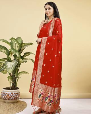 Readymade red color pure banarasi silk blend top pent dupatta set 2