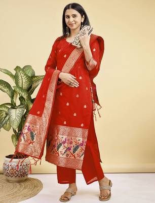 Readymade red color pure banarasi silk blend top pent dupatta set 3