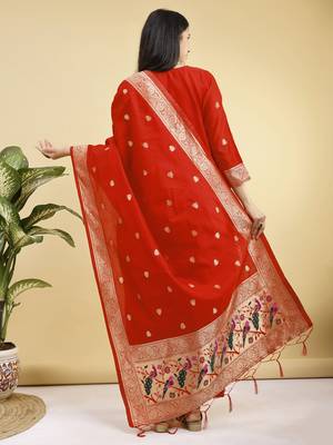 Readymade red color pure banarasi silk blend top pent dupatta set 5