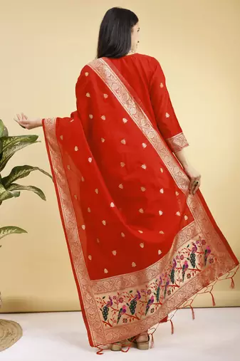 Readymade red color pure banarasi silk blend top pent dupatta set
