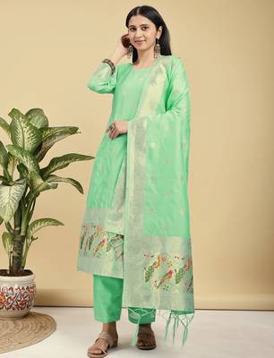 Readymade light green color pure banarasi silk blend top pent dupatta set 1