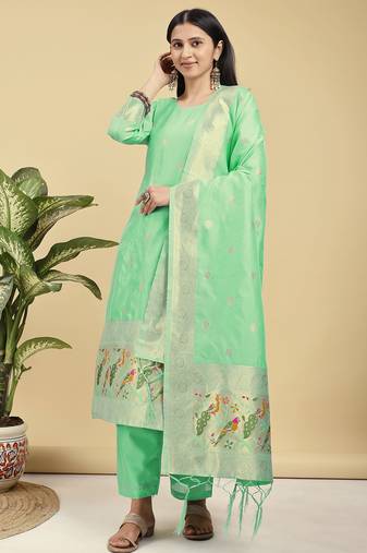 Readymade light green color pure banarasi silk top pent dupatta set