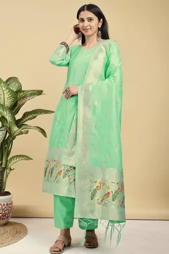 Readymade light green color pure banarasi silk top pent dupatta set
