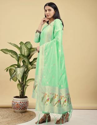 Readymade light green color pure banarasi silk blend top pent dupatta set 3