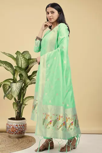 Readymade light green color pure banarasi silk blend top pent dupatta set