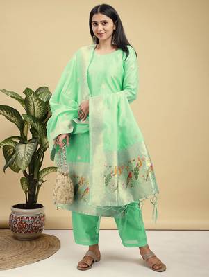 Readymade light green color pure banarasi silk blend top pent dupatta set 4